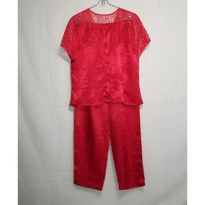 Cacique Womens Red Satin Pajamas Sleep Set Size L lace top Sexy Sensual